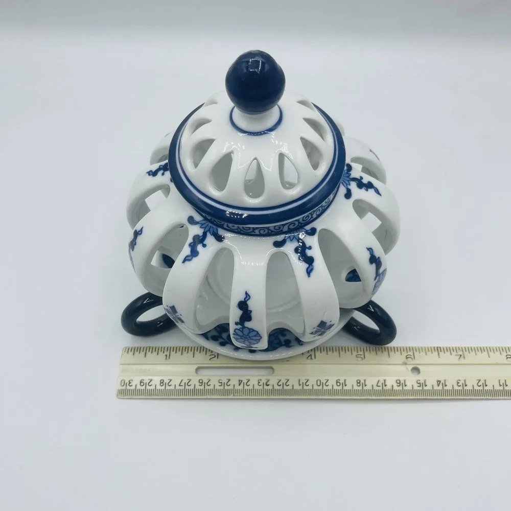 Vintage Bombay Hand painted Porcelain Votive Candle Holder Reticulated Pierced